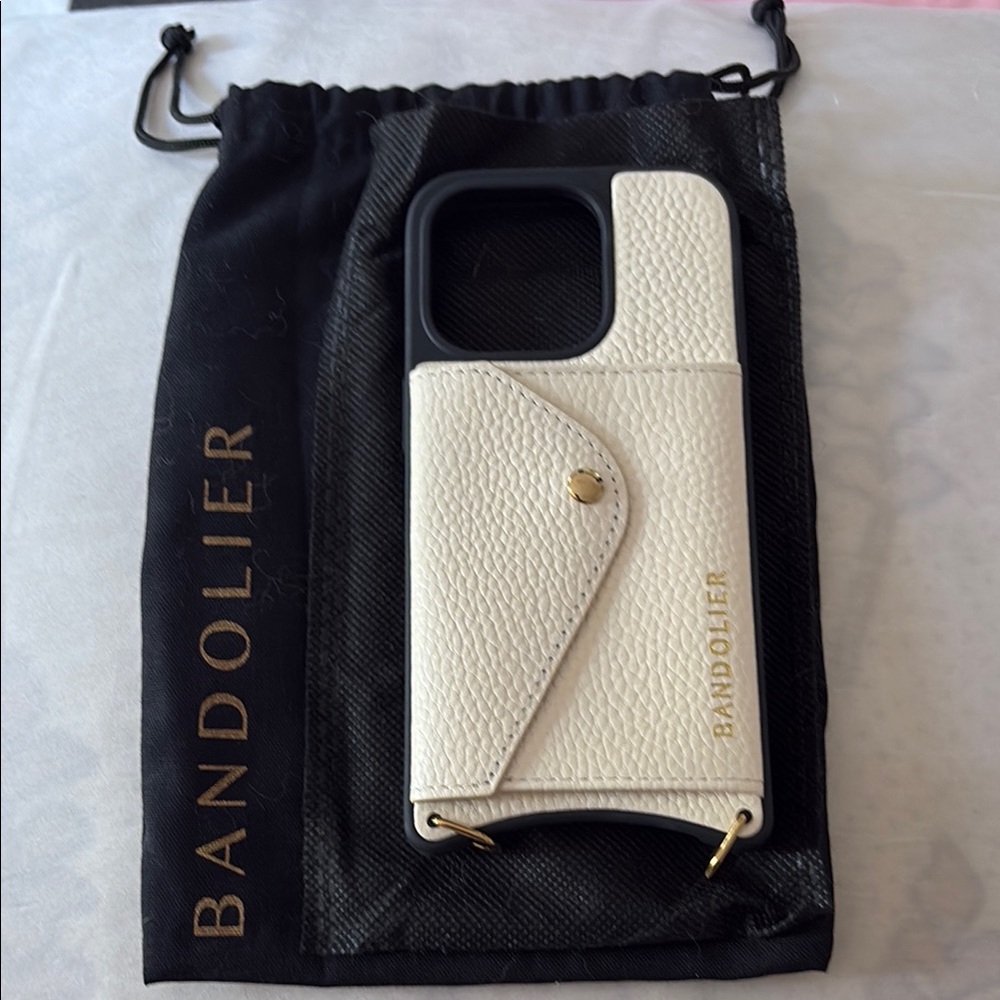 Bandolier White and Gold Premium iPhone 14 Pro Case with strap.